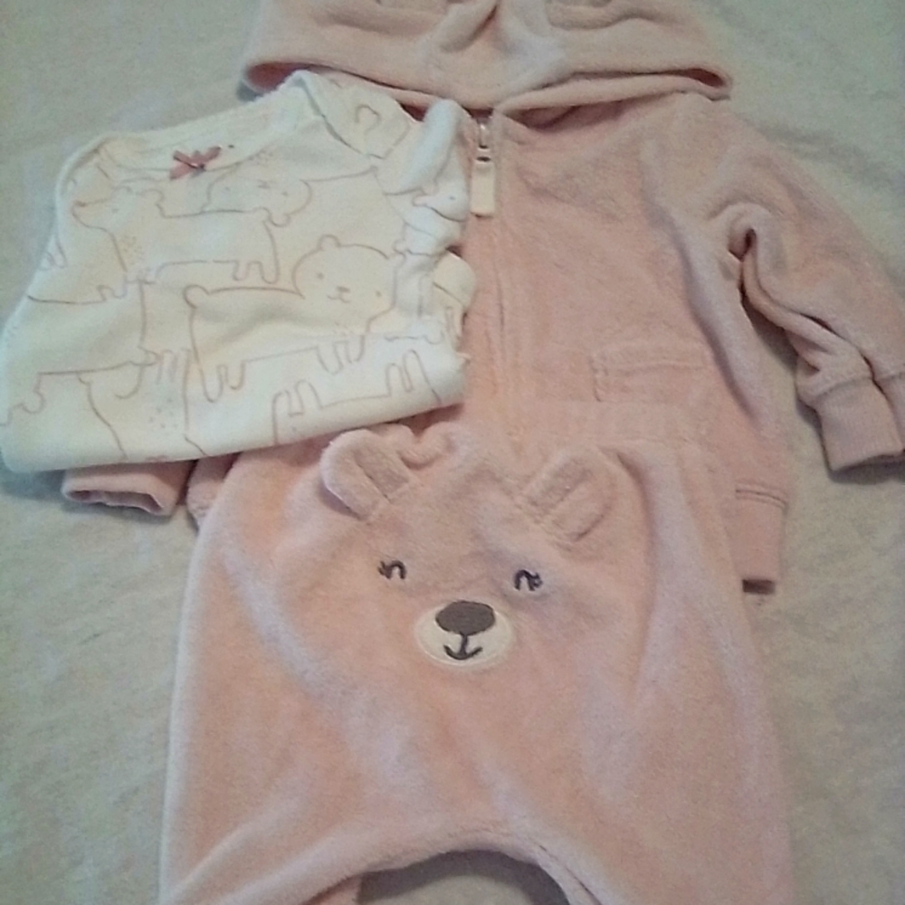 Carter's Pink Baby Girls 3 Piece Teddy Terry Jacket set NB.